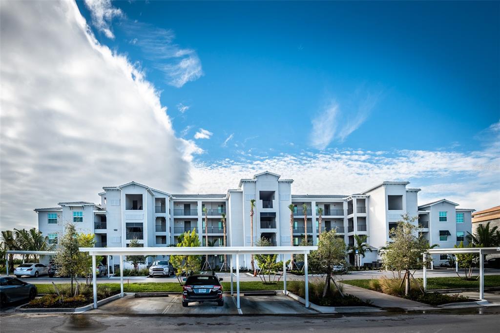 a front view of a building with street view