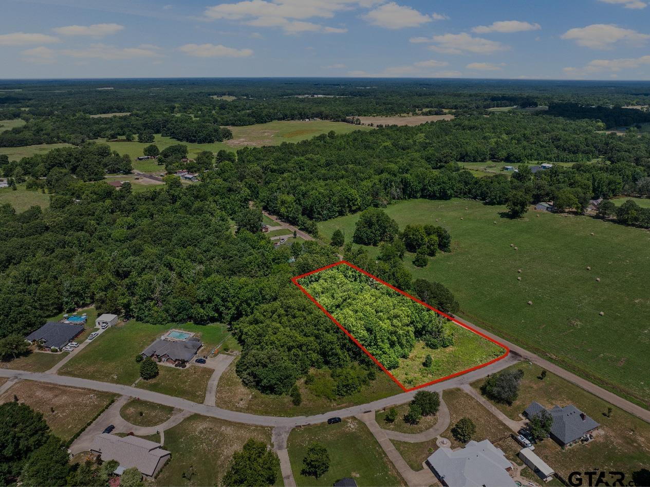 an aerial view of a houses with a yard and lake view