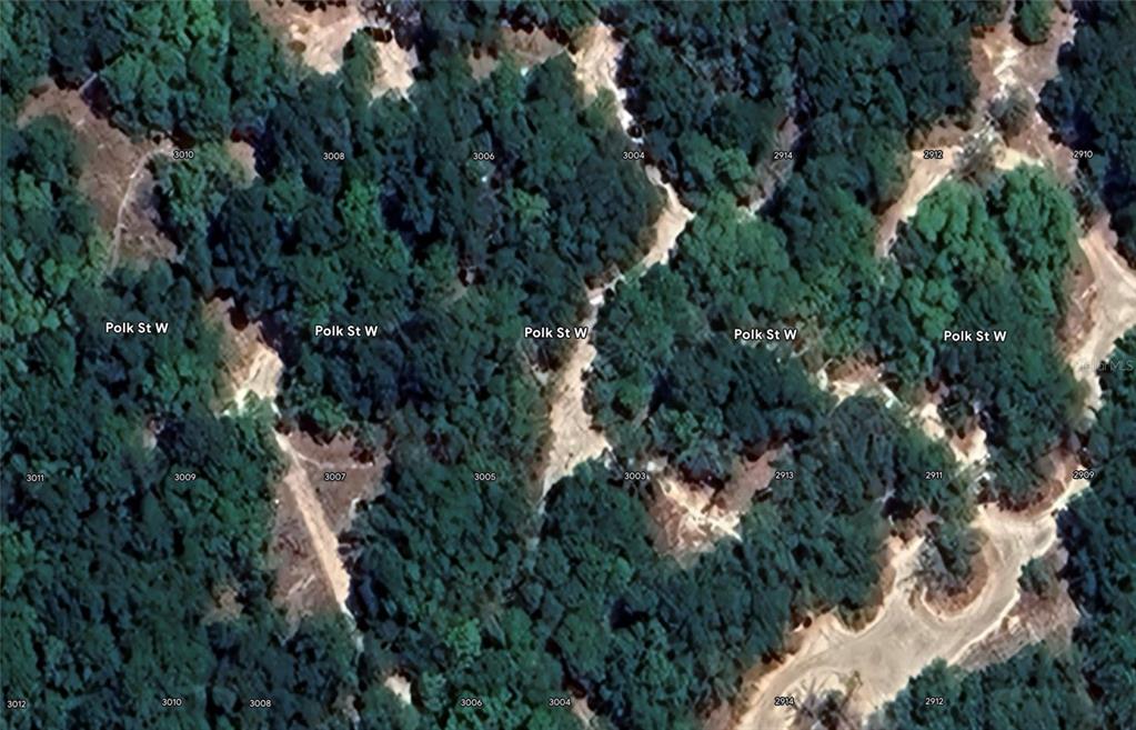 an aerial view of residential houses with outdoor space and trees