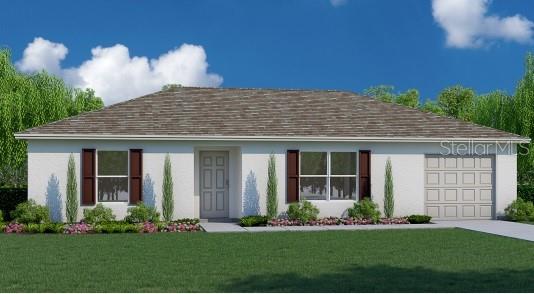 a front view of a house with a yard and potted plants