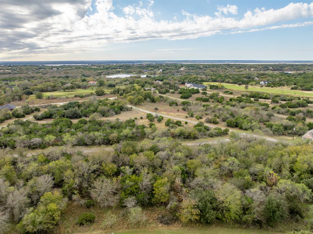 an aerial view of residential houses with outdoor space and trees