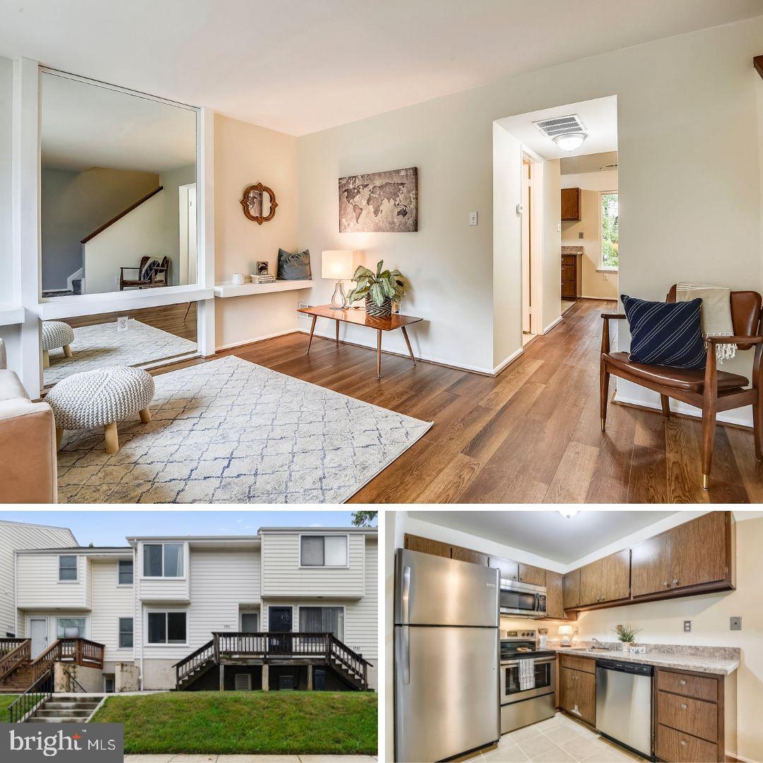 a living room with stainless steel appliances kitchen island granite countertop a table chairs and a refrigerator