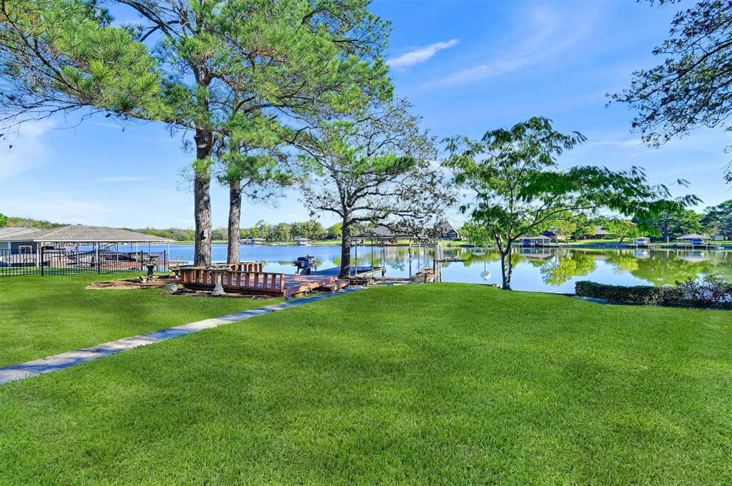 a view of a park with large trees