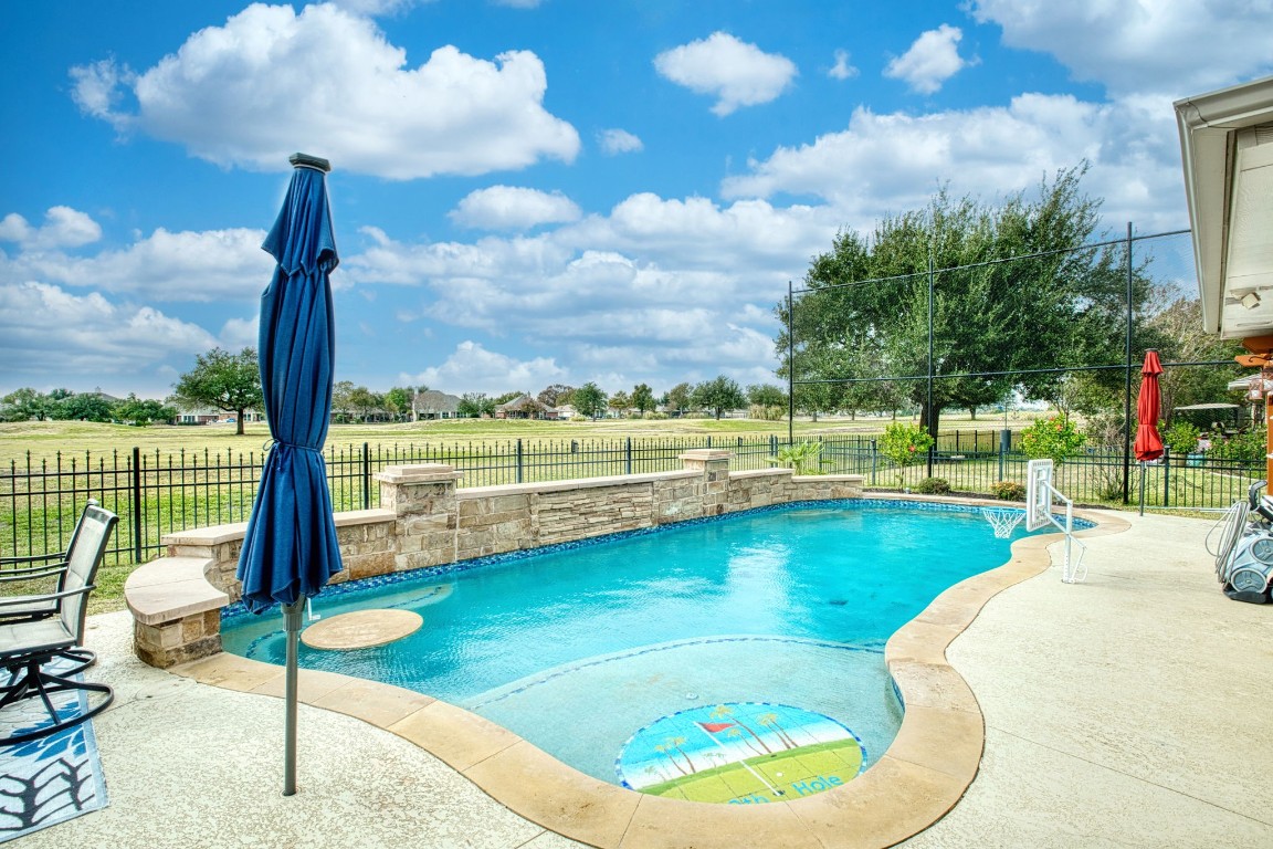 a view of a swimming pool with a patio and a garden