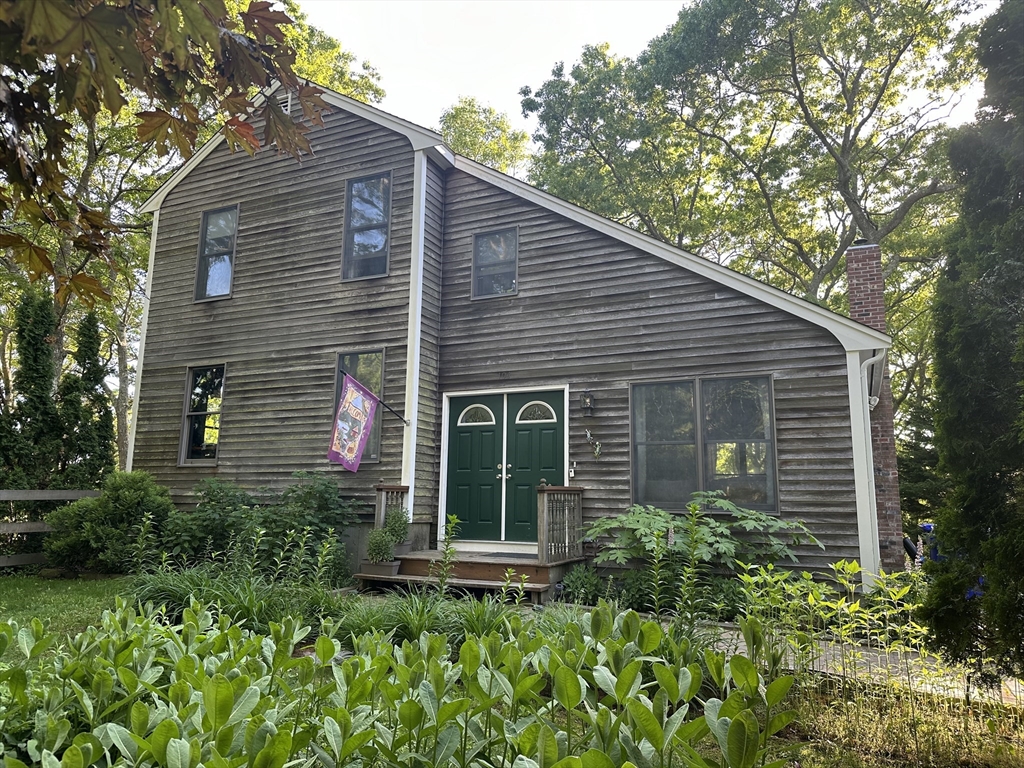 a view of a house with potted plants and a tree