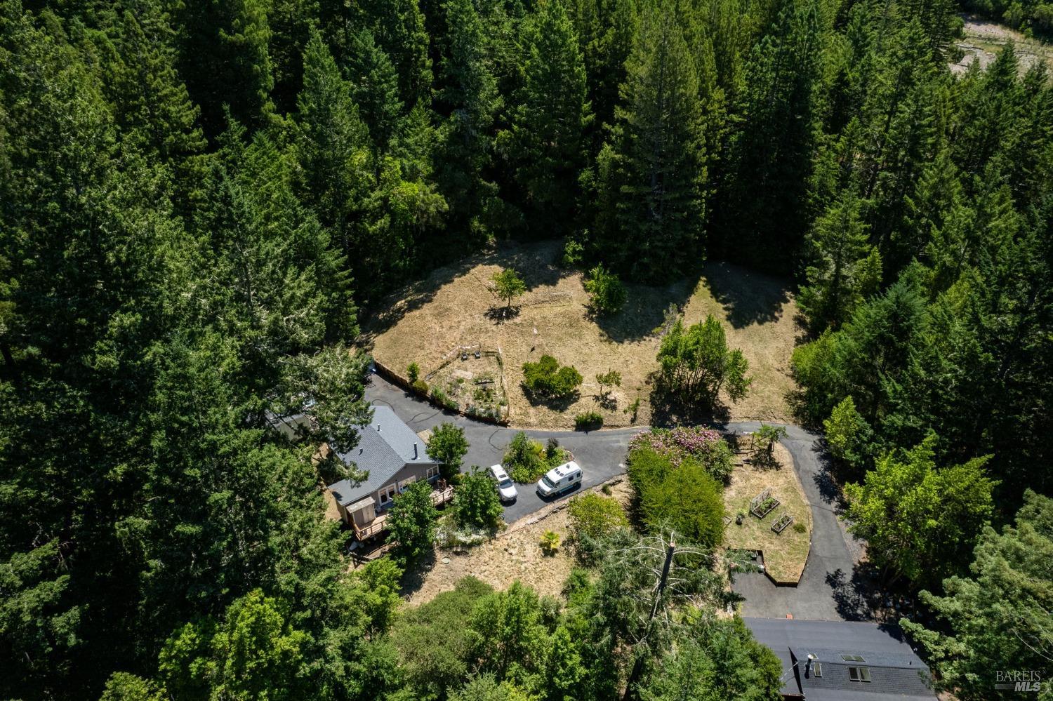 an aerial view of a house with a yard and covered with trees