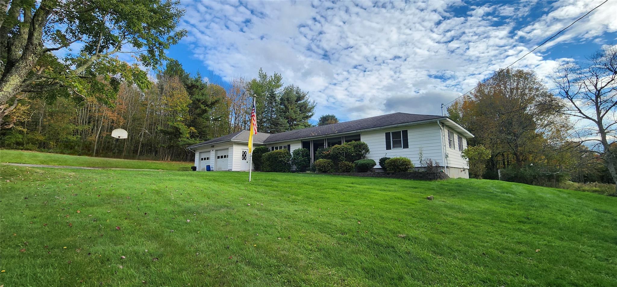 a front view of house with yard and green space