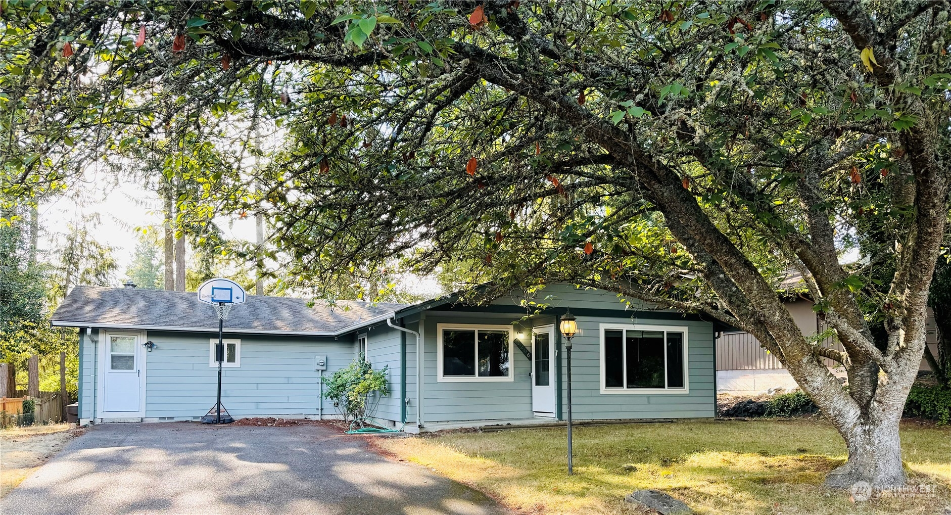 a front view of a house with a yard garage and tree