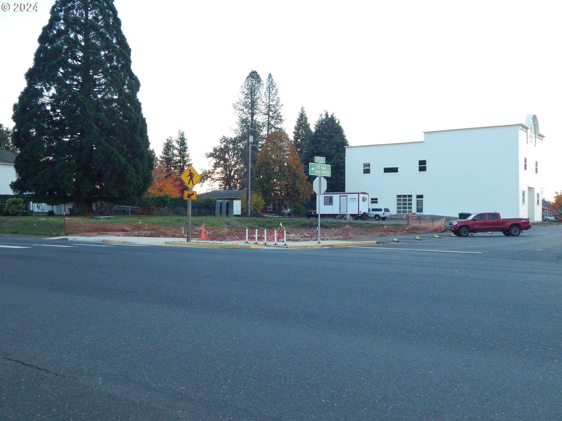 a view of road with large trees