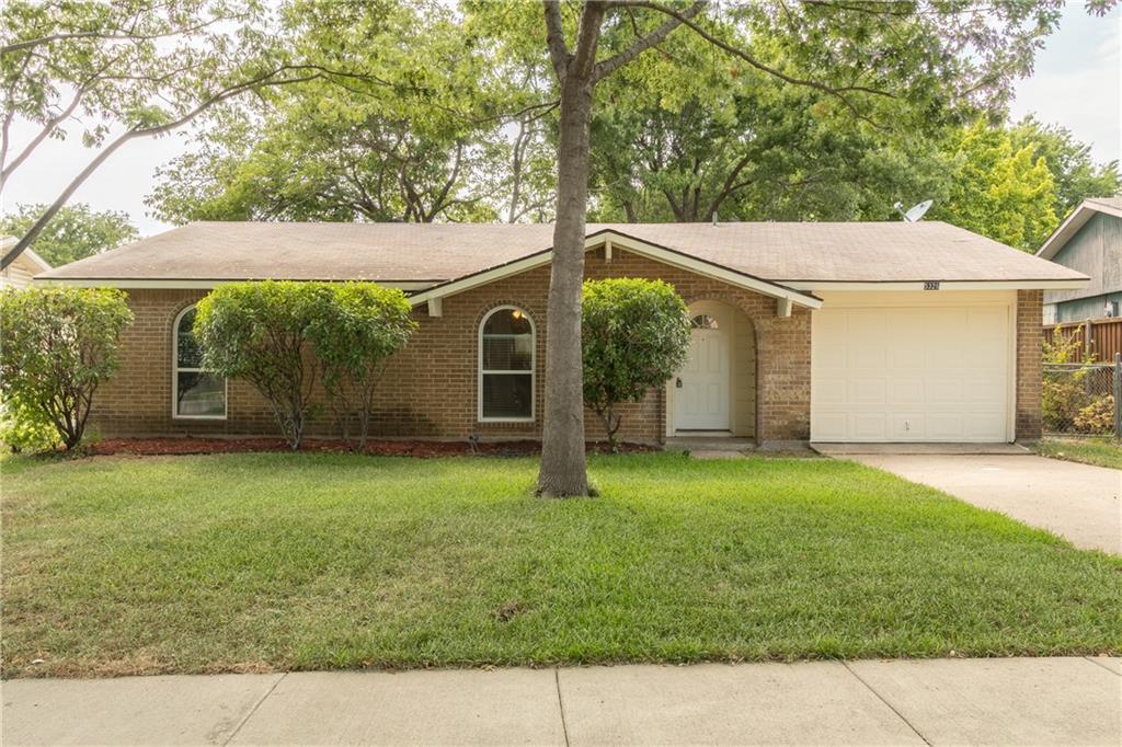 a backyard of a house with plants and large tree