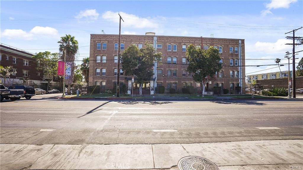 a view of a building and a street