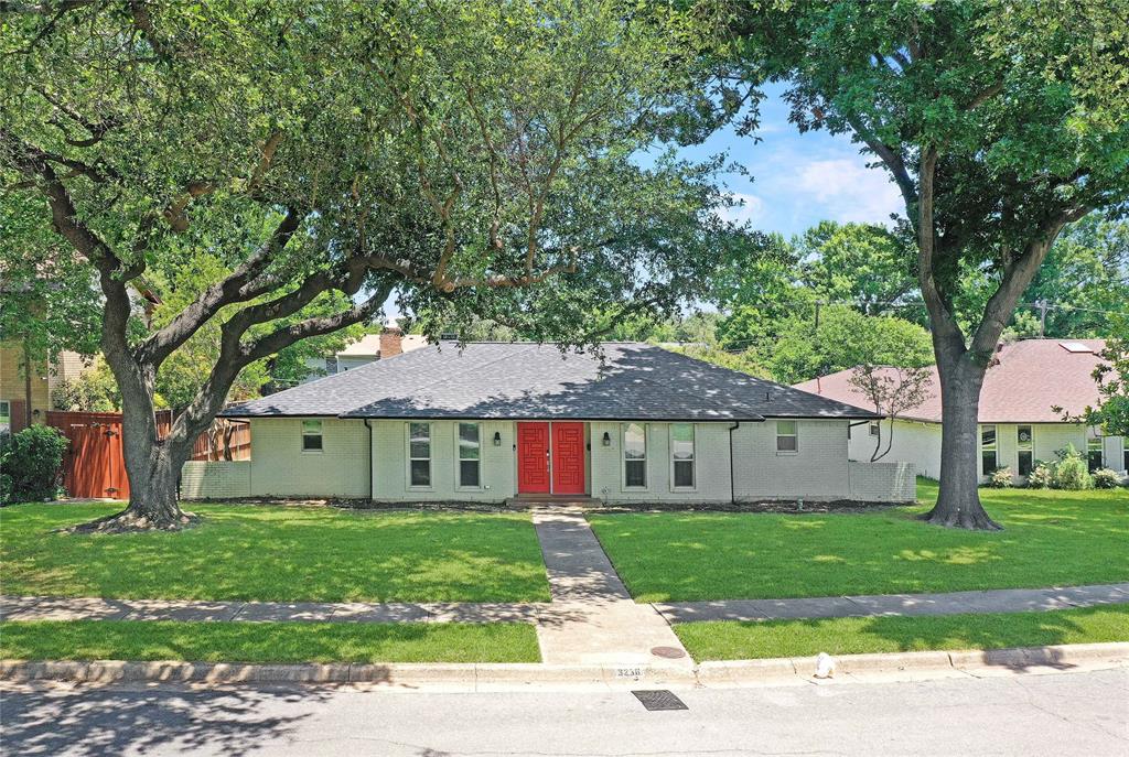 a view of a yard in front of a house with plants and large tree