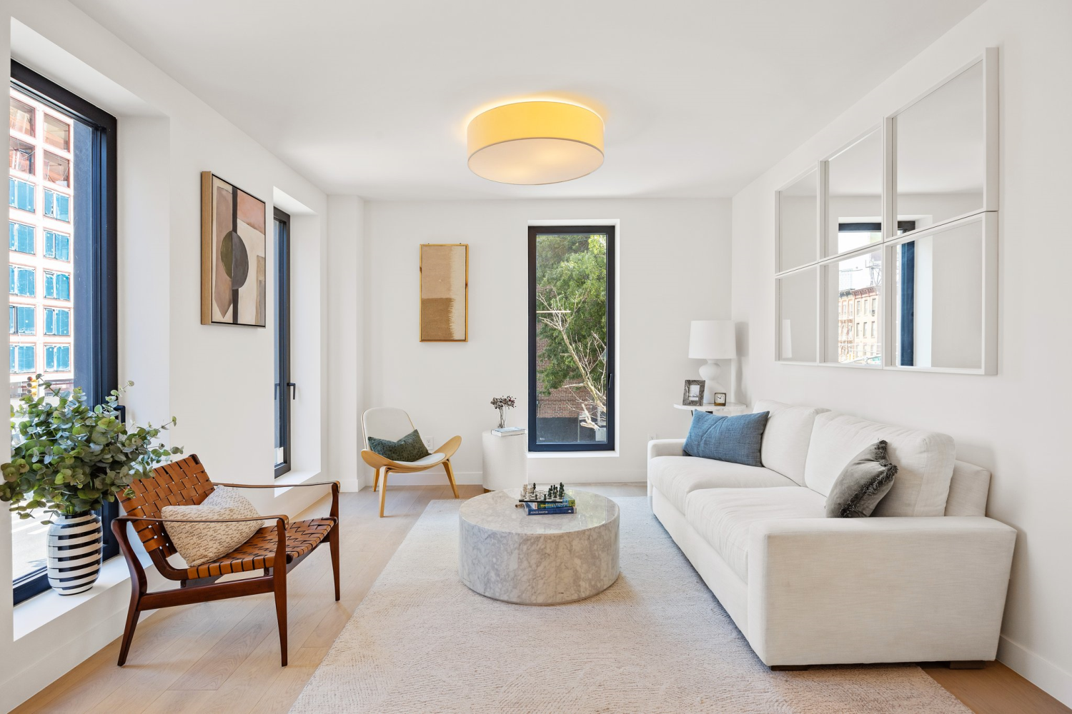 a living room with furniture and a potted plant