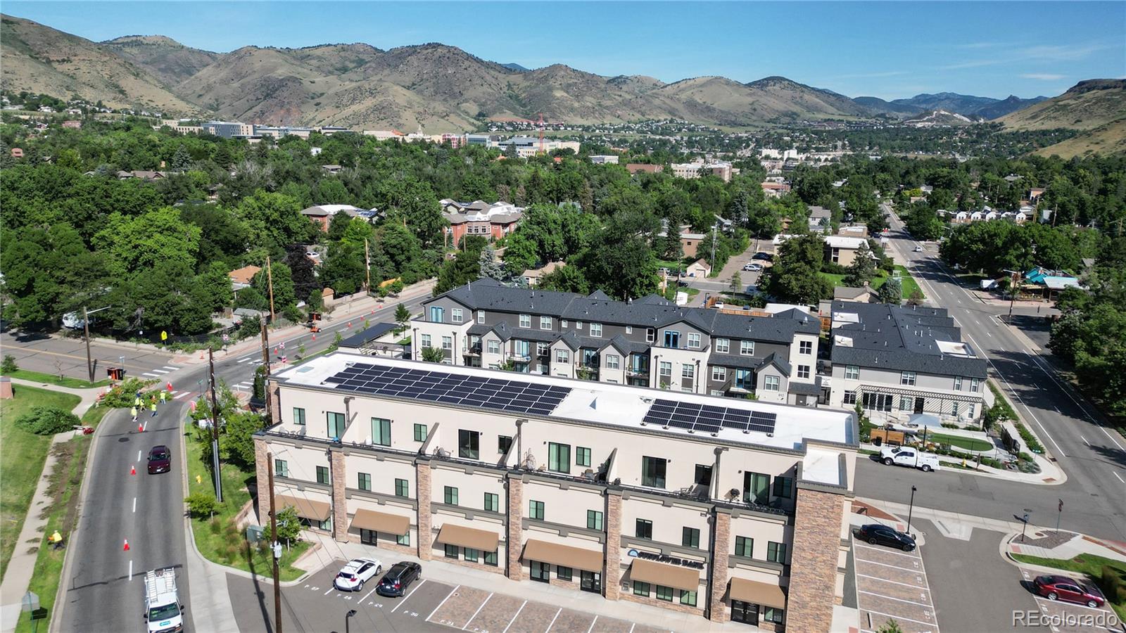 an aerial view of residential building and street