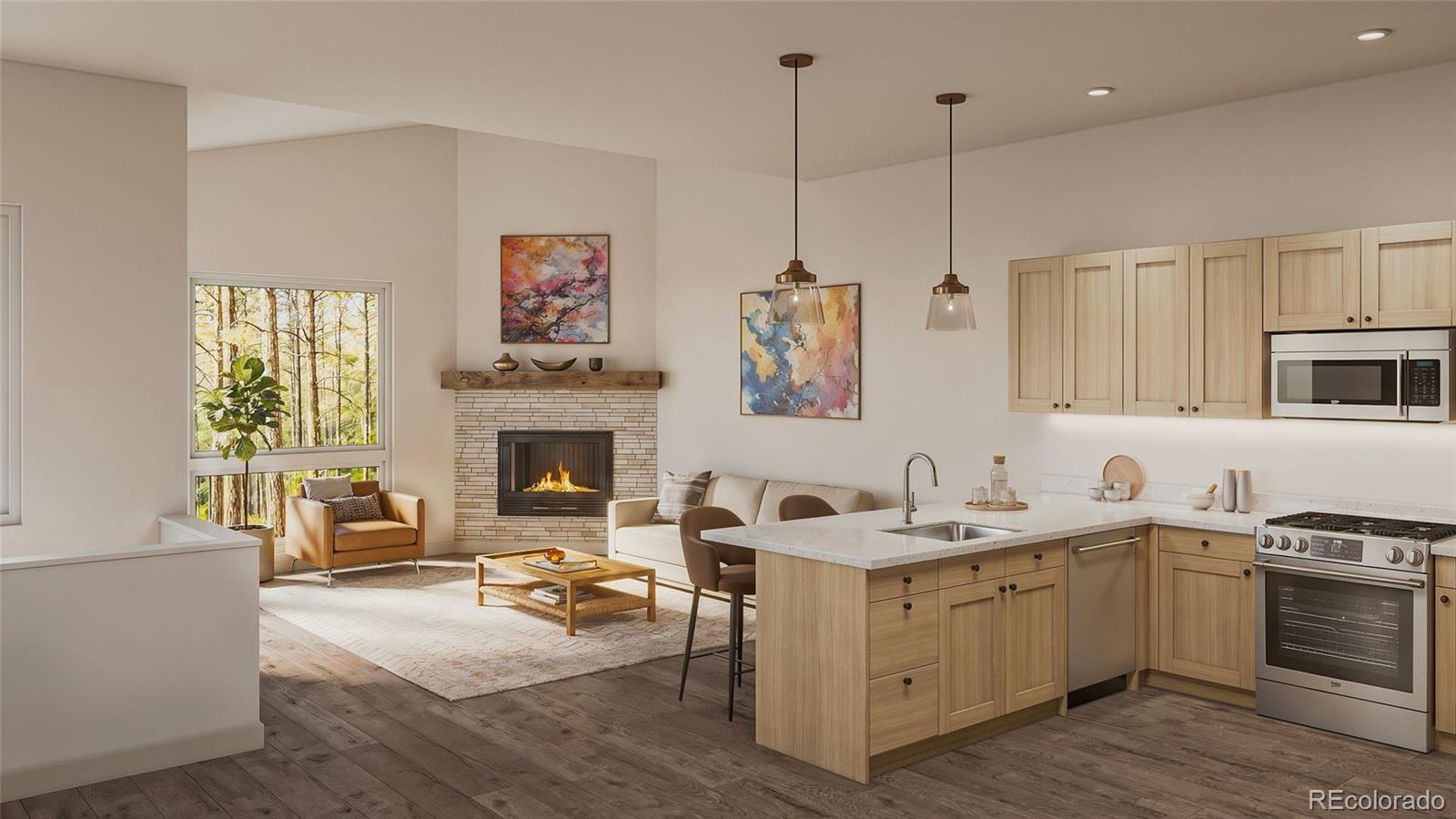 a kitchen with a sink stove and wooden floor