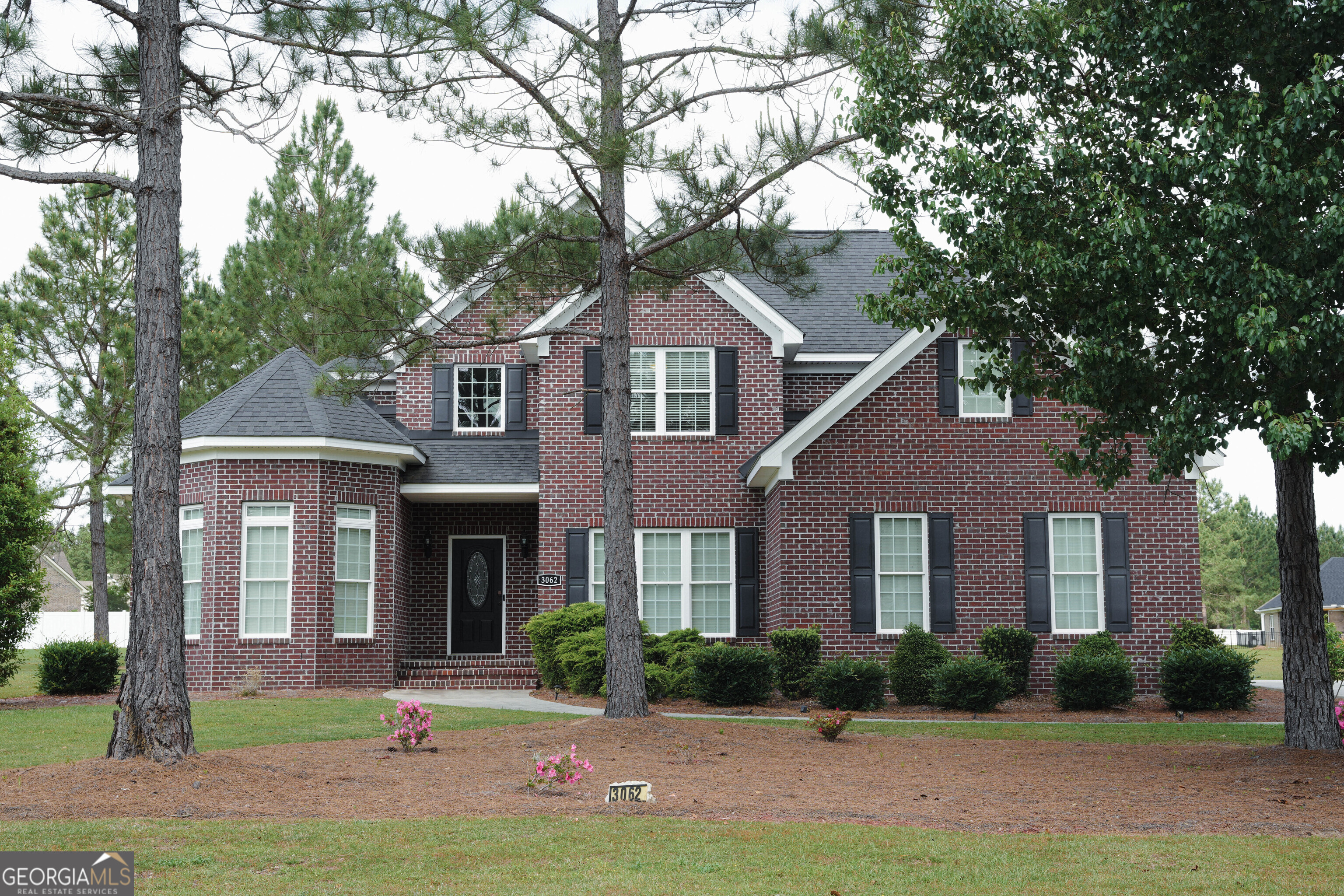 a front view of a house with yard and green space