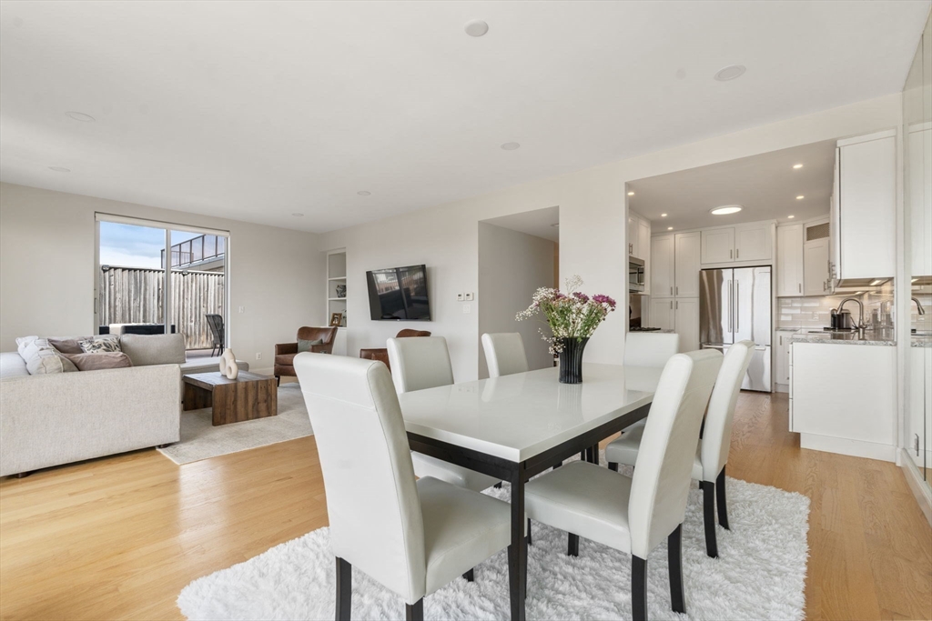 a view of a dining room with furniture