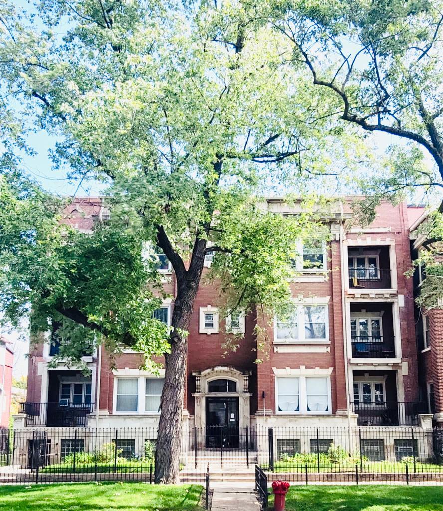 a front view of a building with trees