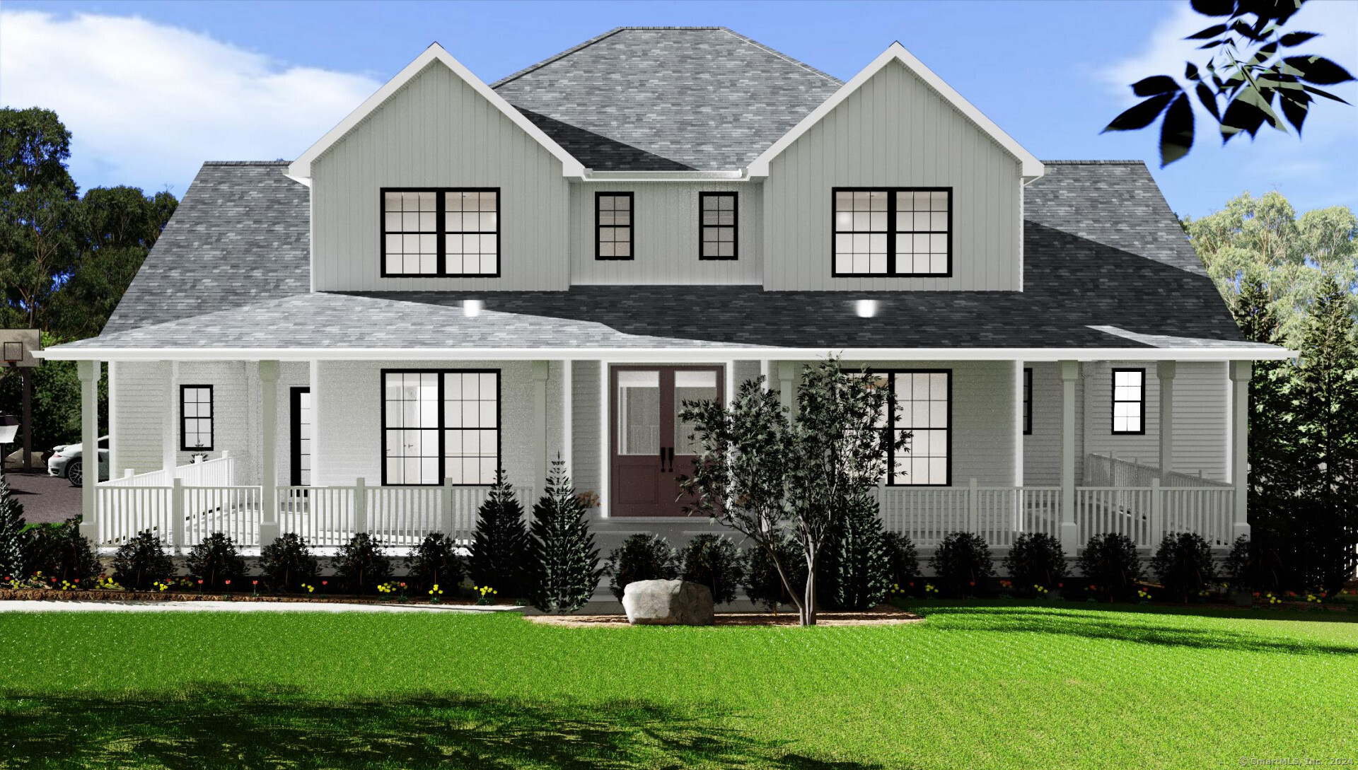 a front view of a house with a yard and trees