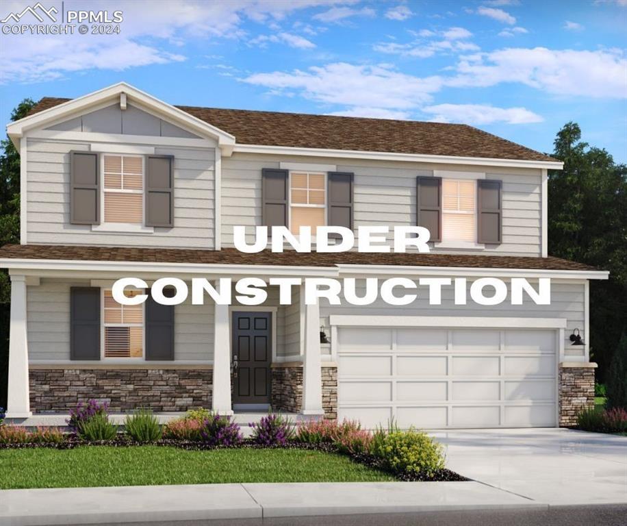 View of front facade featuring a yard, central AC unit, a porch, and a garage