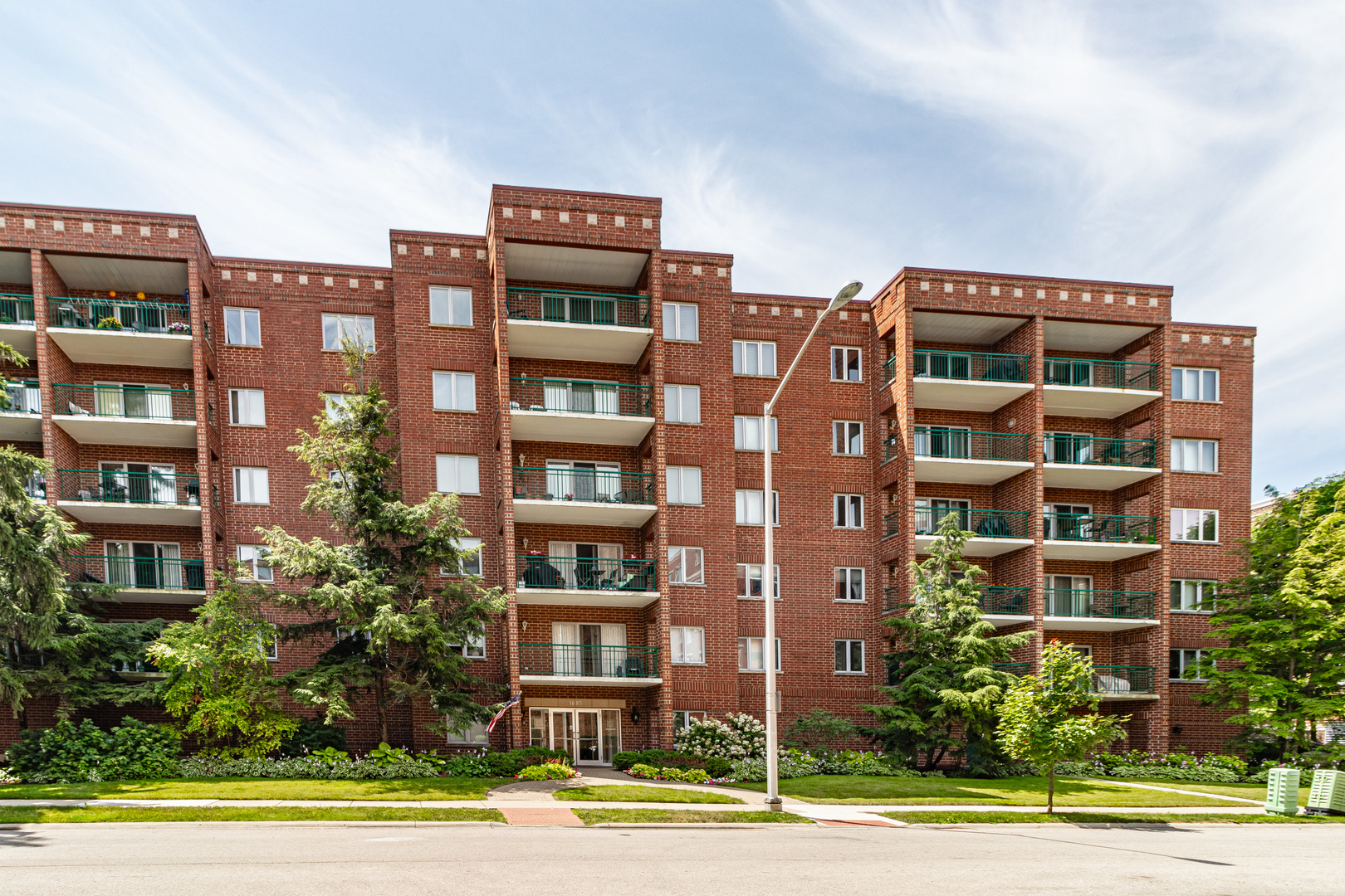 a front view of a multi story building