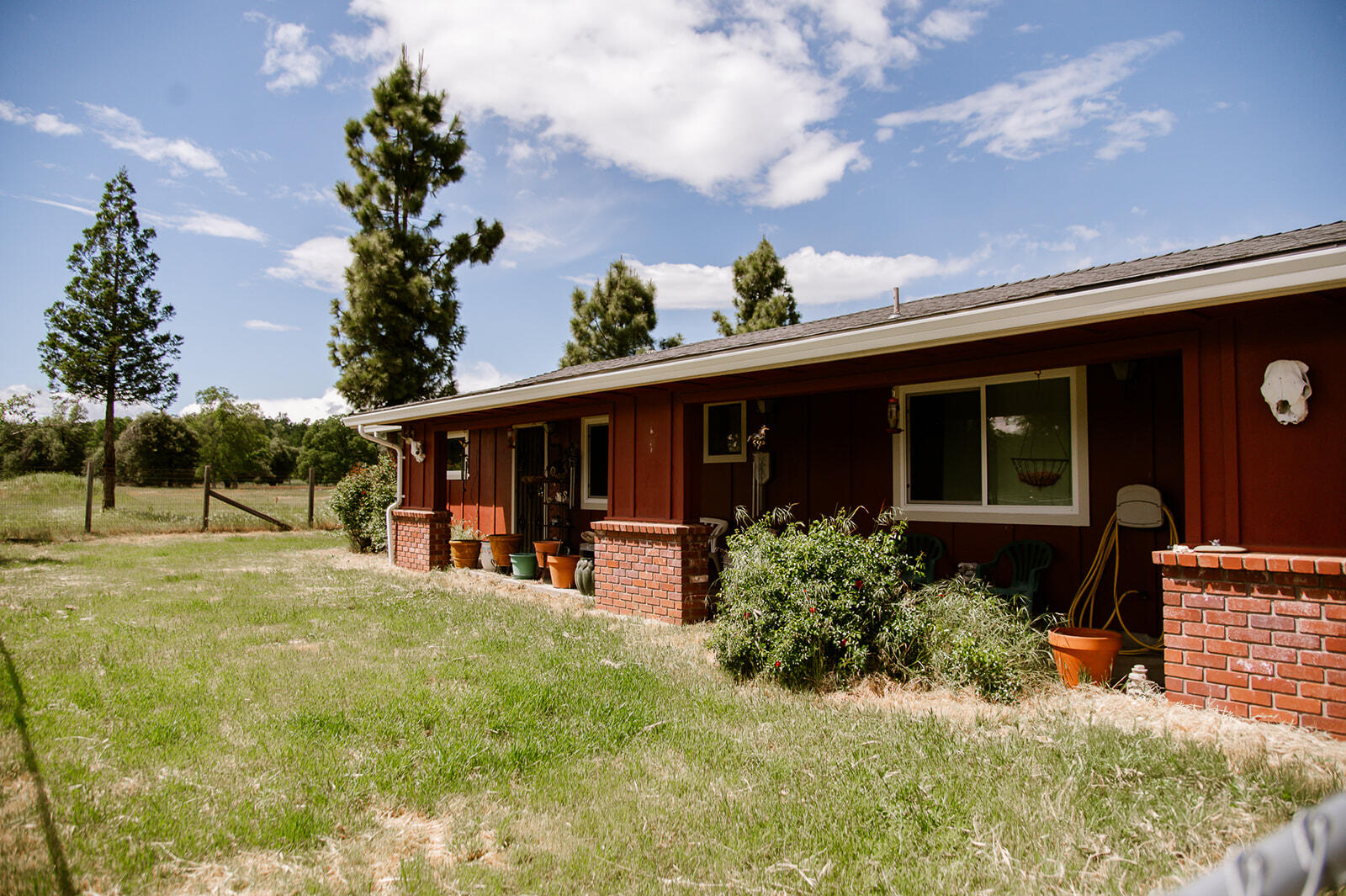 a front view of house with yard and green space