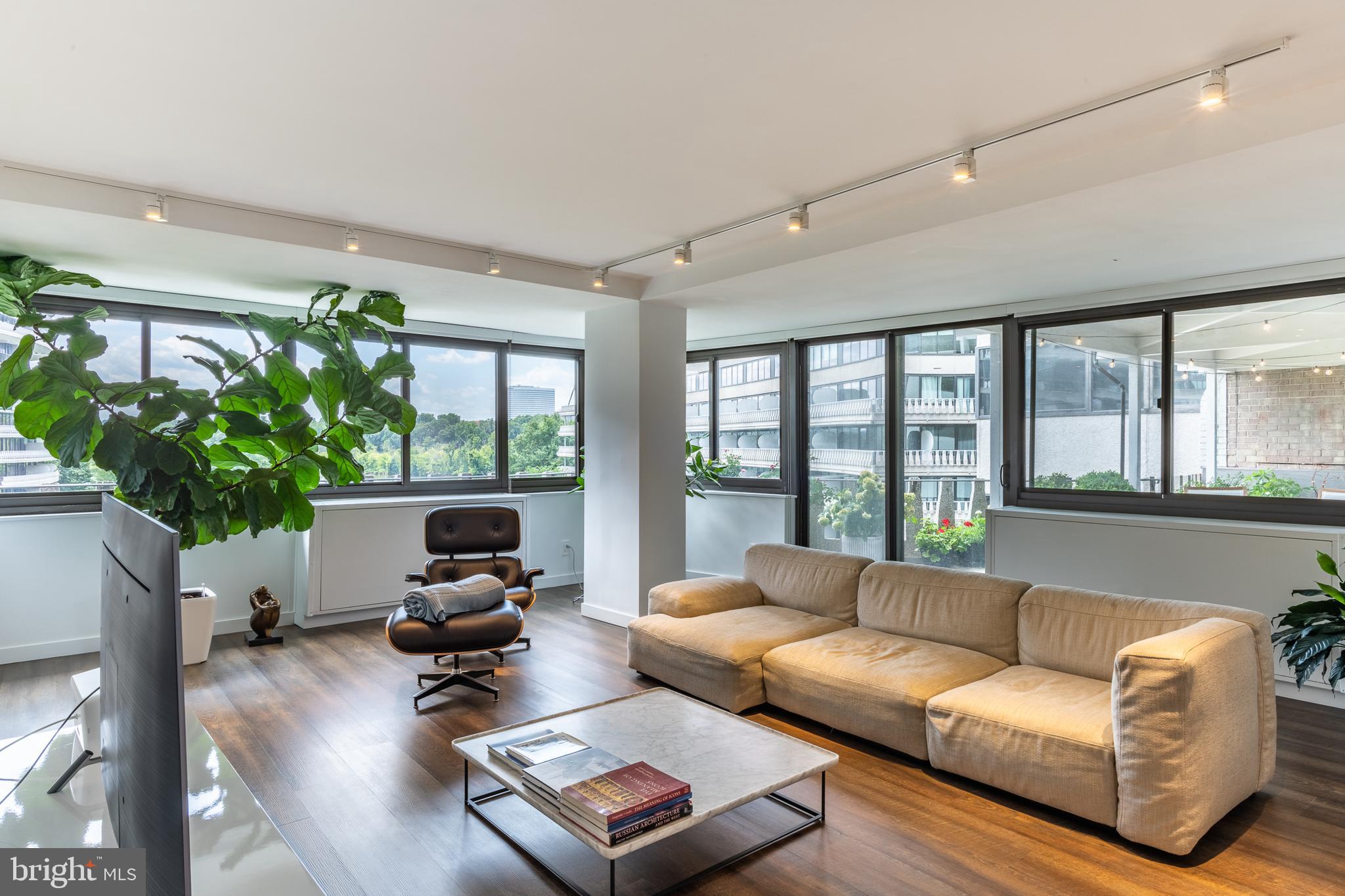 a living room with furniture plant and a large window