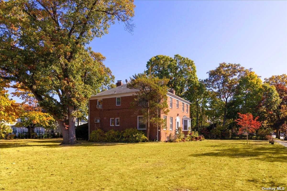 a view of a house with a yard and a large tree