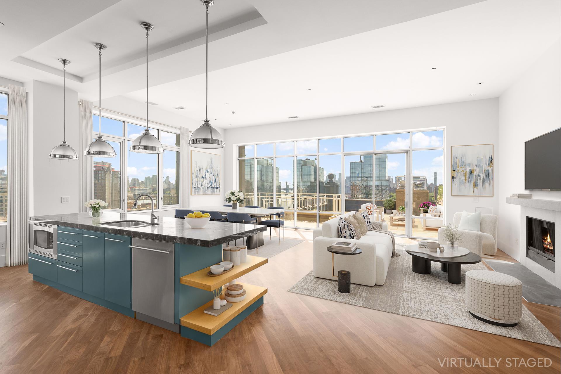 a living room with furniture a large window and kitchen view