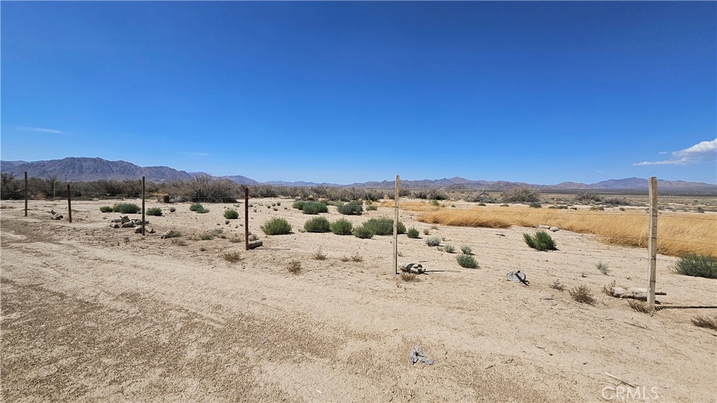 a view of a dry field with mountains in the background