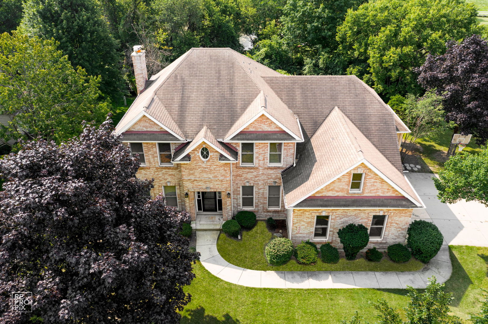 a aerial view of a house with a yard and potted plants