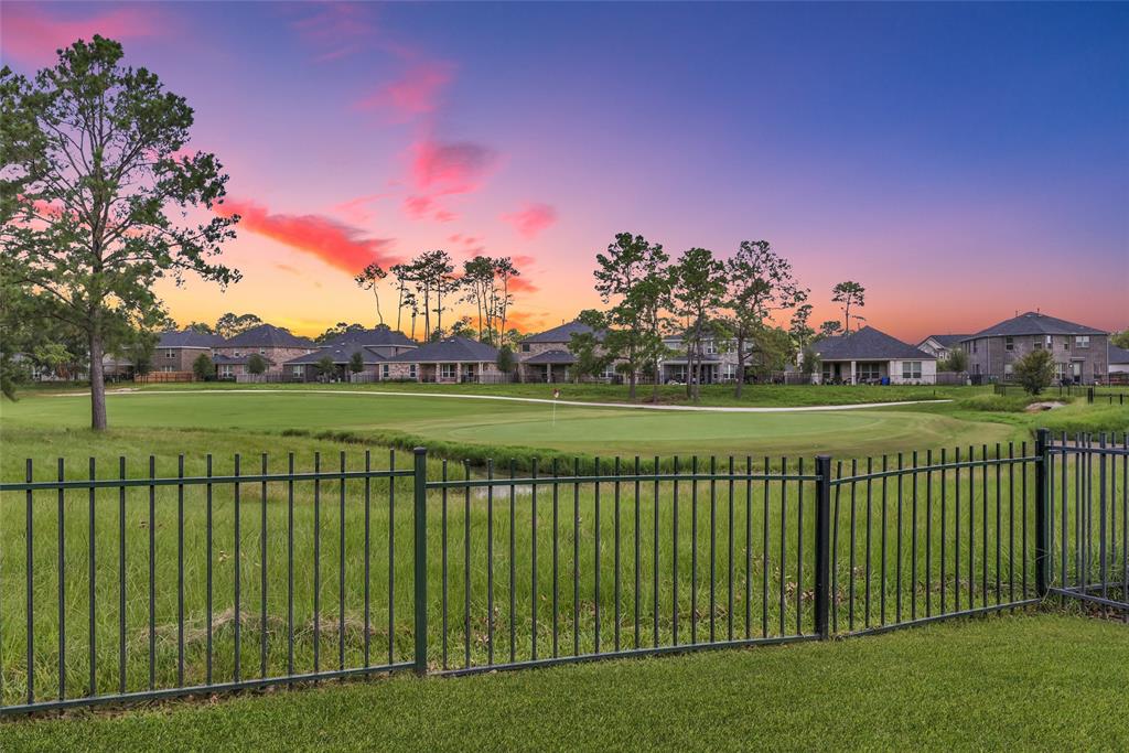 a view of a golf course with a lake view