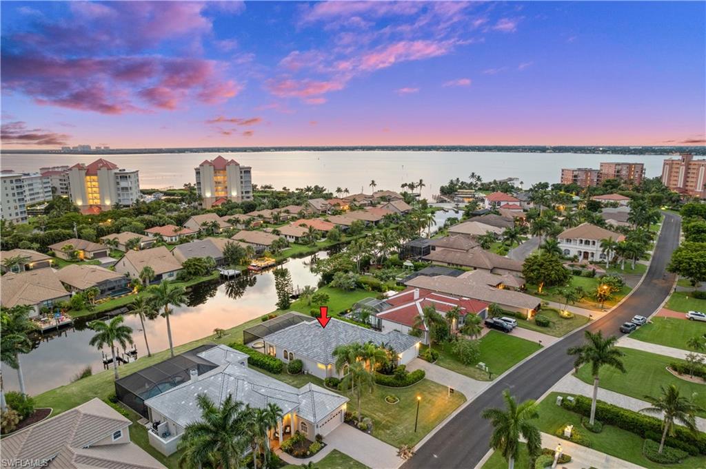 Aerial view at dusk with a water view