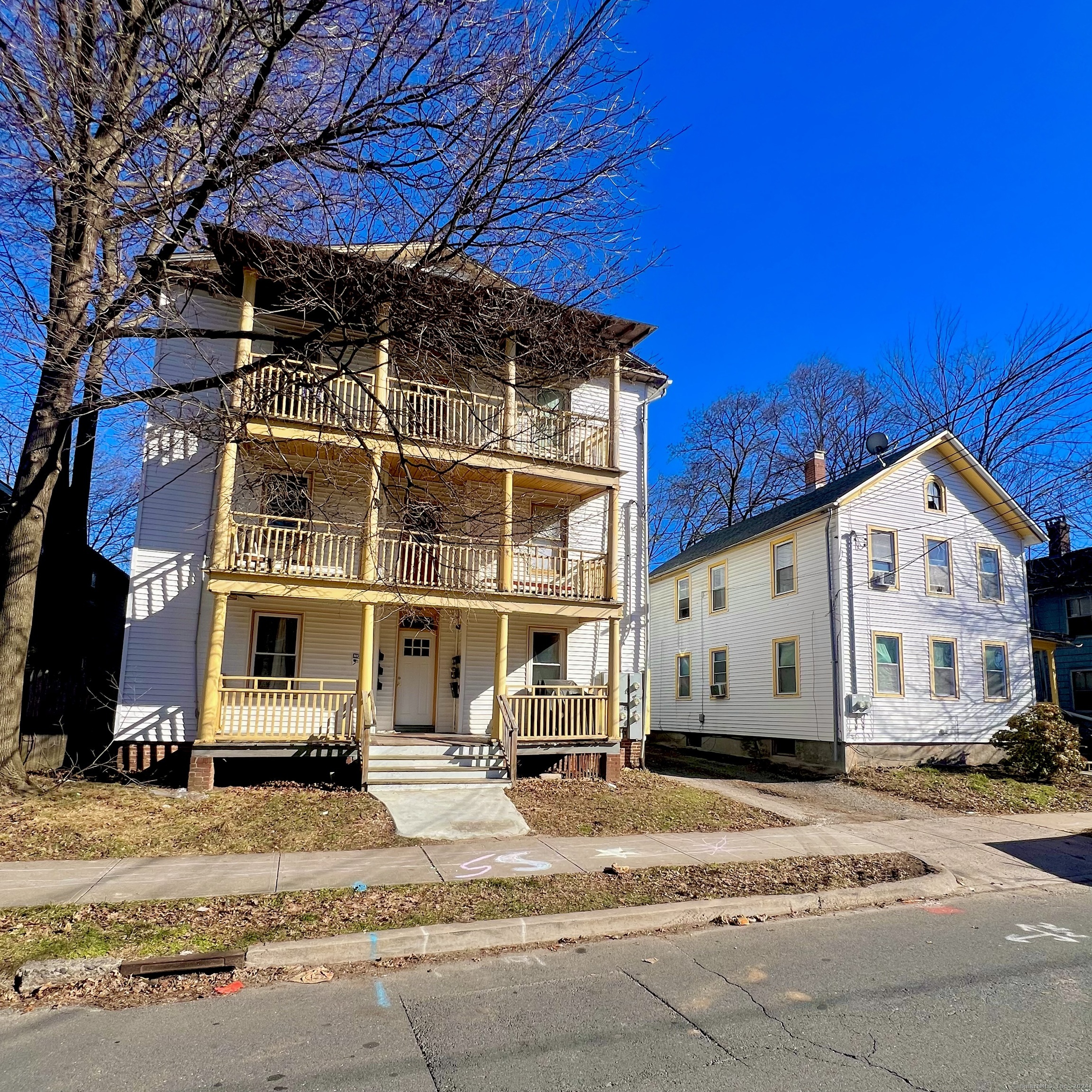 a view of a building with a street