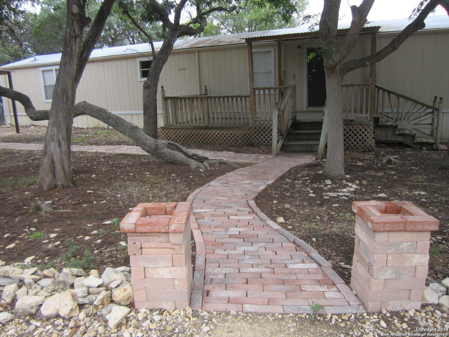 a view of a yard with plants and a bench