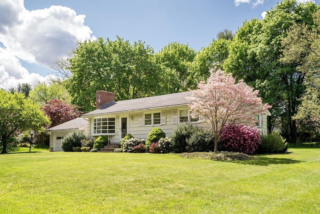 a front view of house with yard and green space