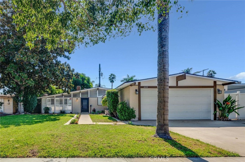 a view of a house with backyard and a tree