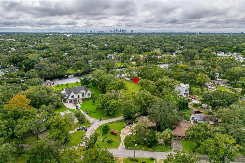 a view of a city with lush green forest