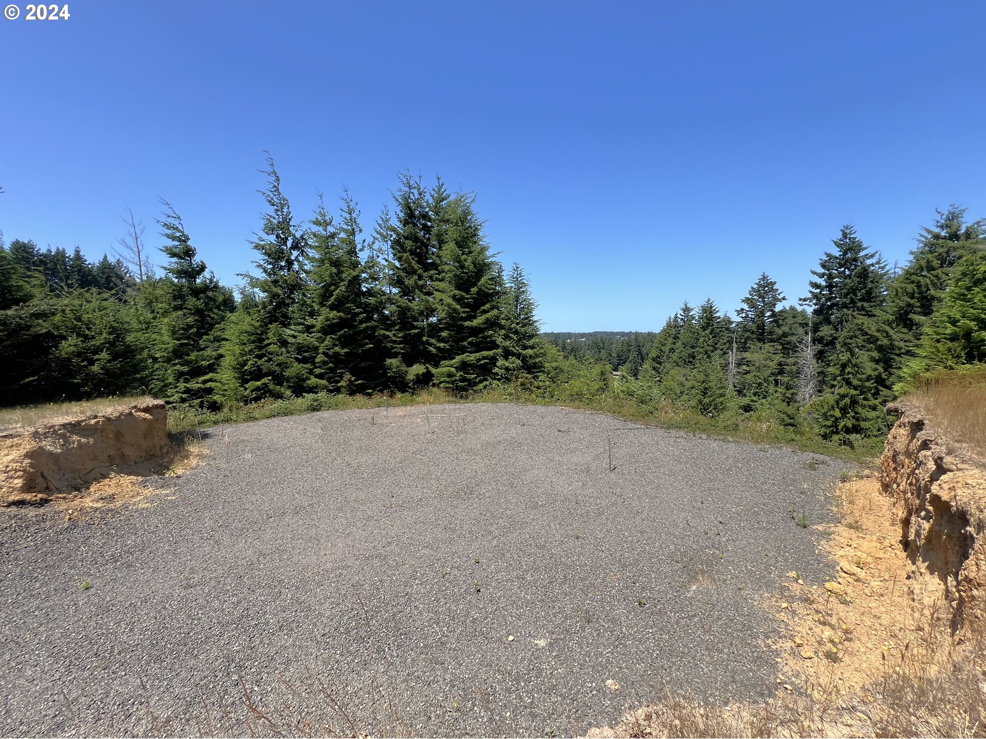 a view of a field with trees in background