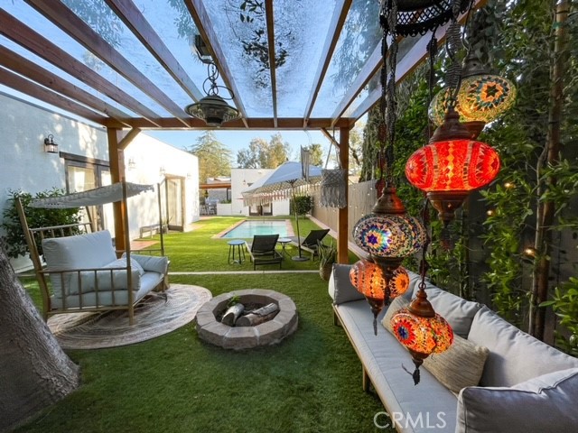 an outdoor space with sitting area