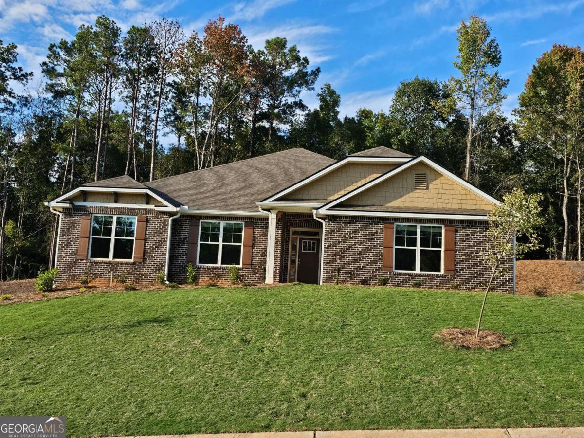 a front view of house with yard and green space