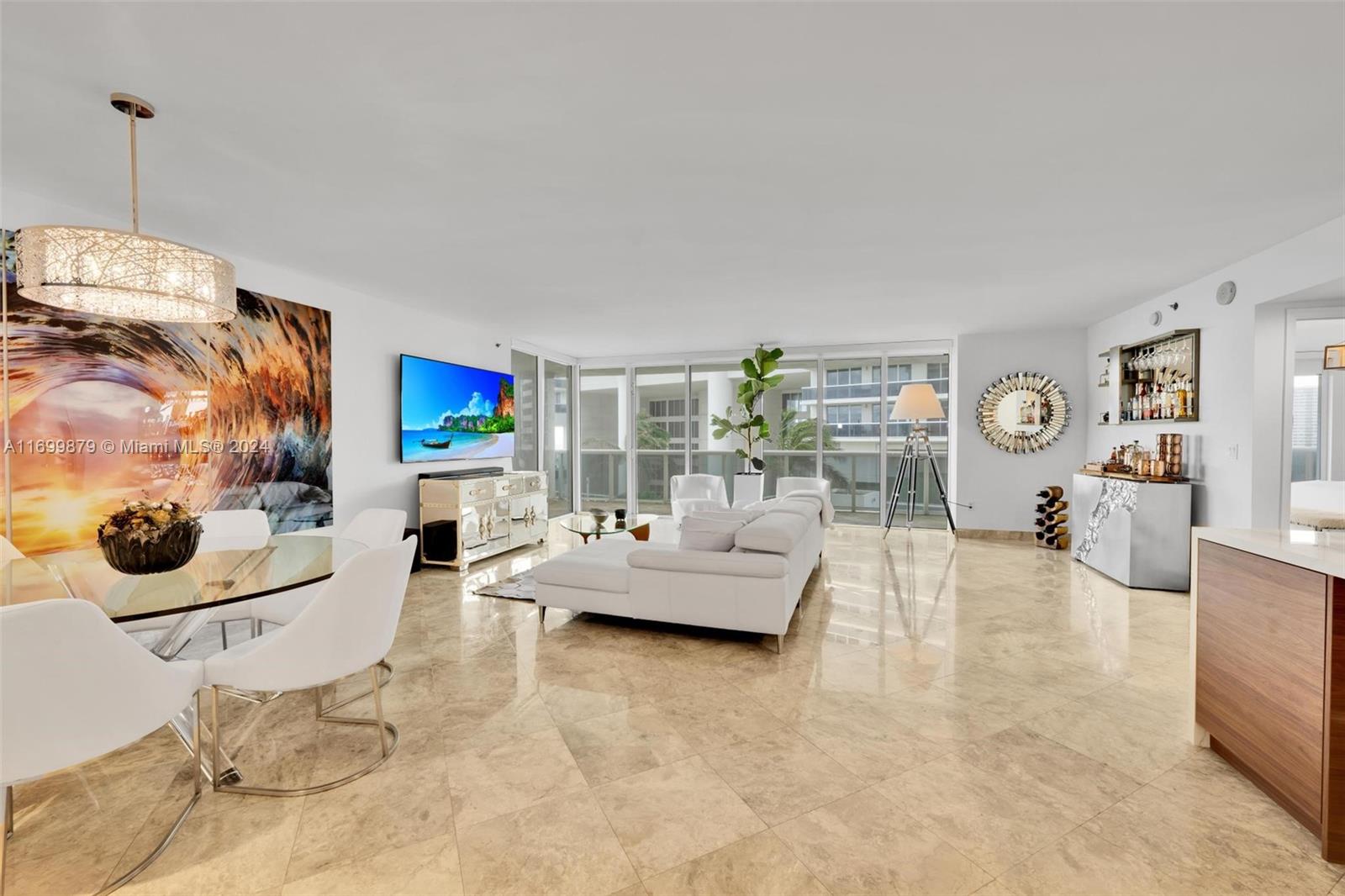 a living room with furniture and a table