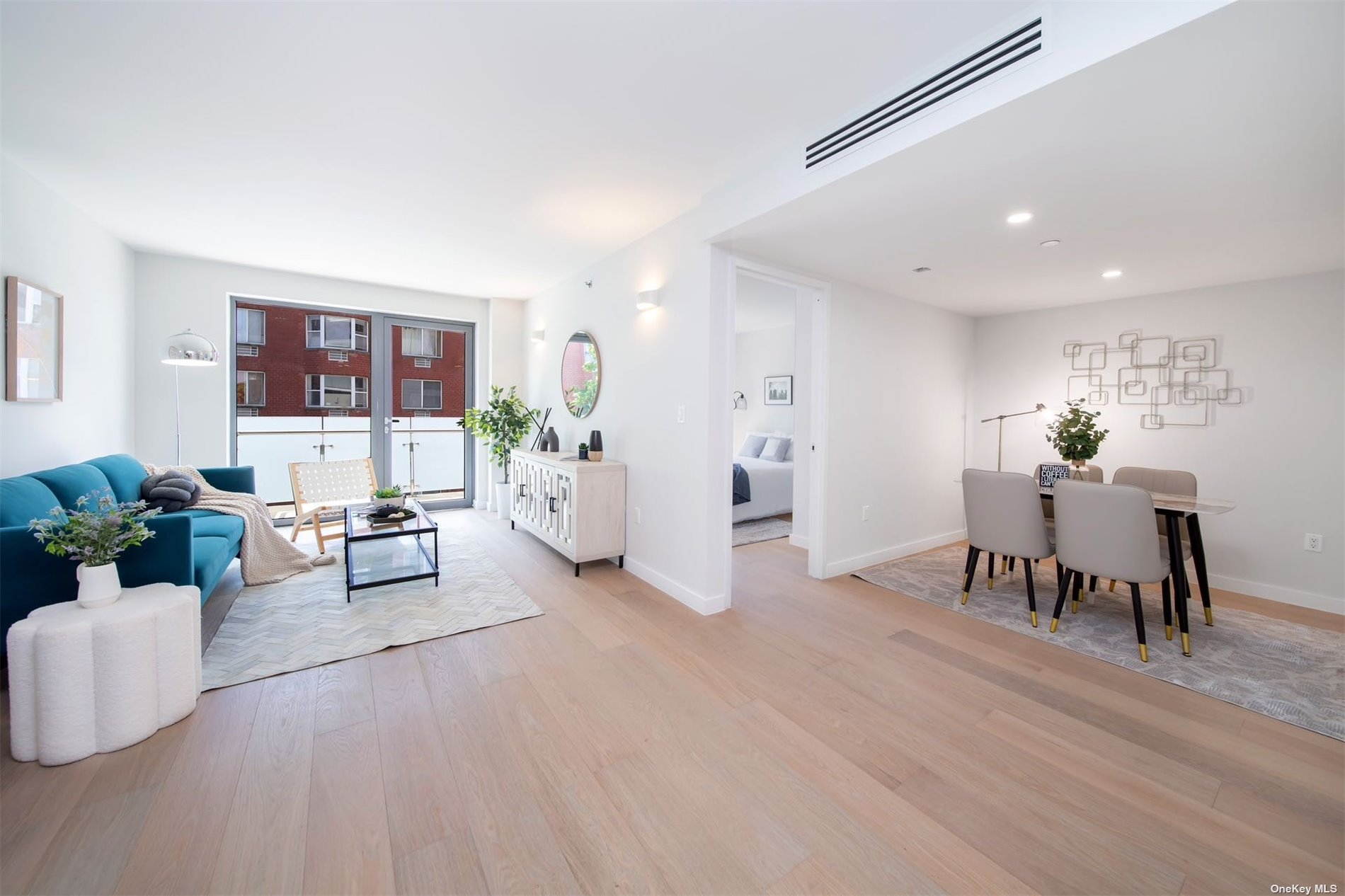 a living room with furniture and a table