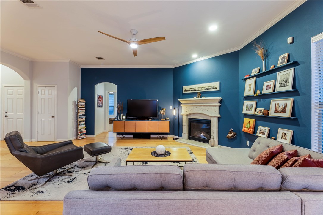 a living room with furniture or couch and a fireplace