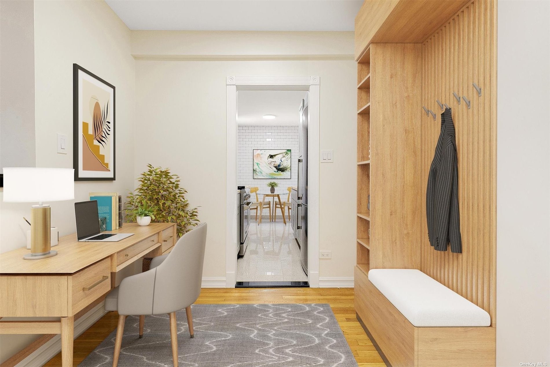 a view of a hallway with furniture and front door