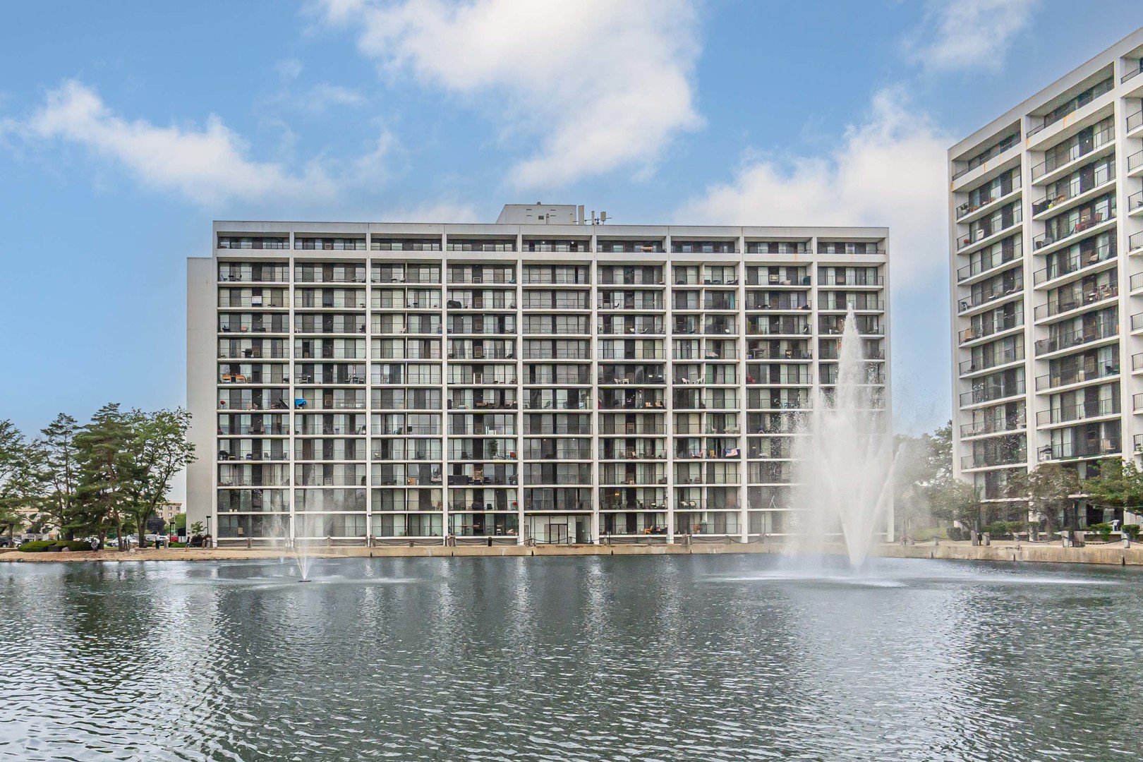 a view of a lake with a building