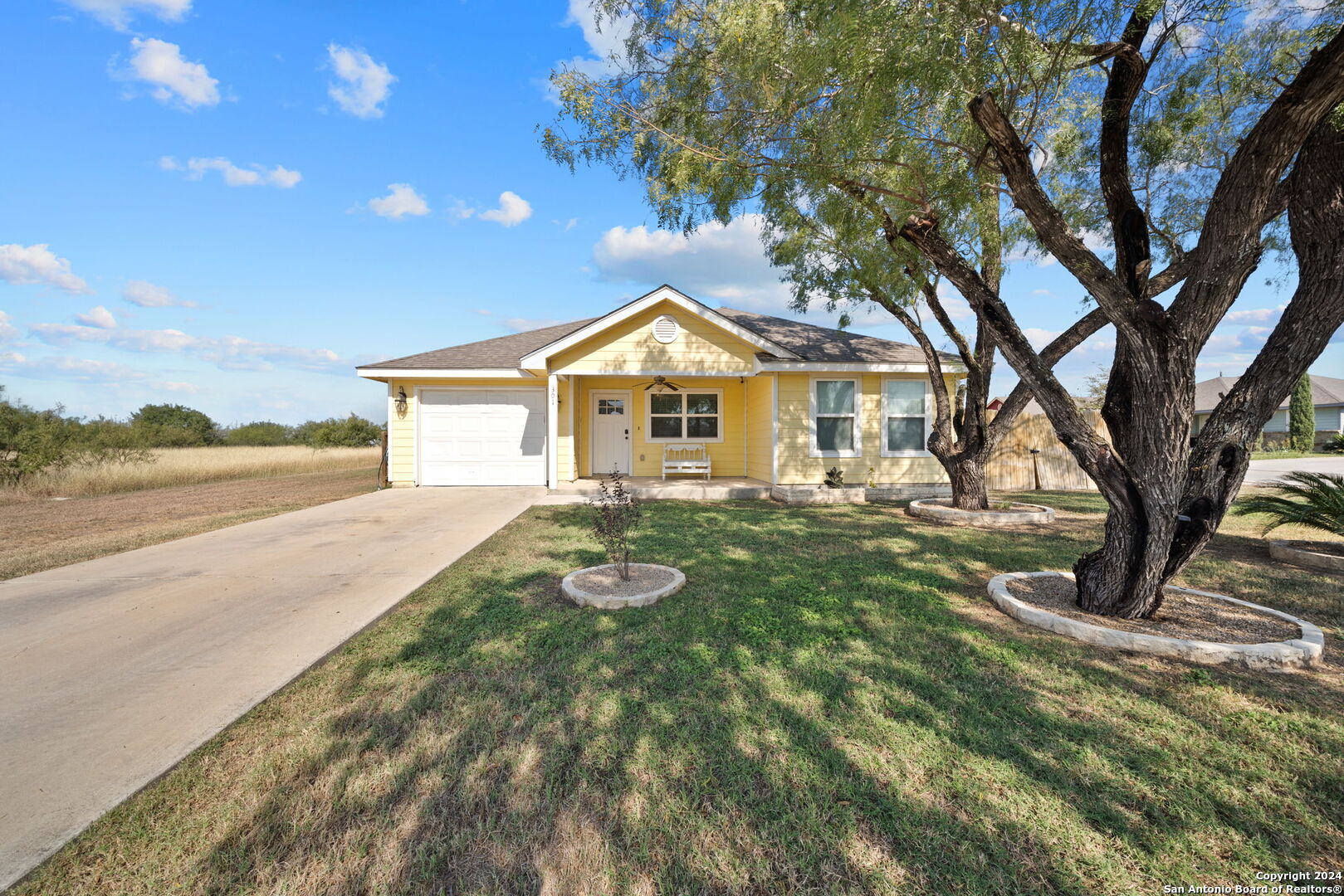 a front view of a house with yard and green space