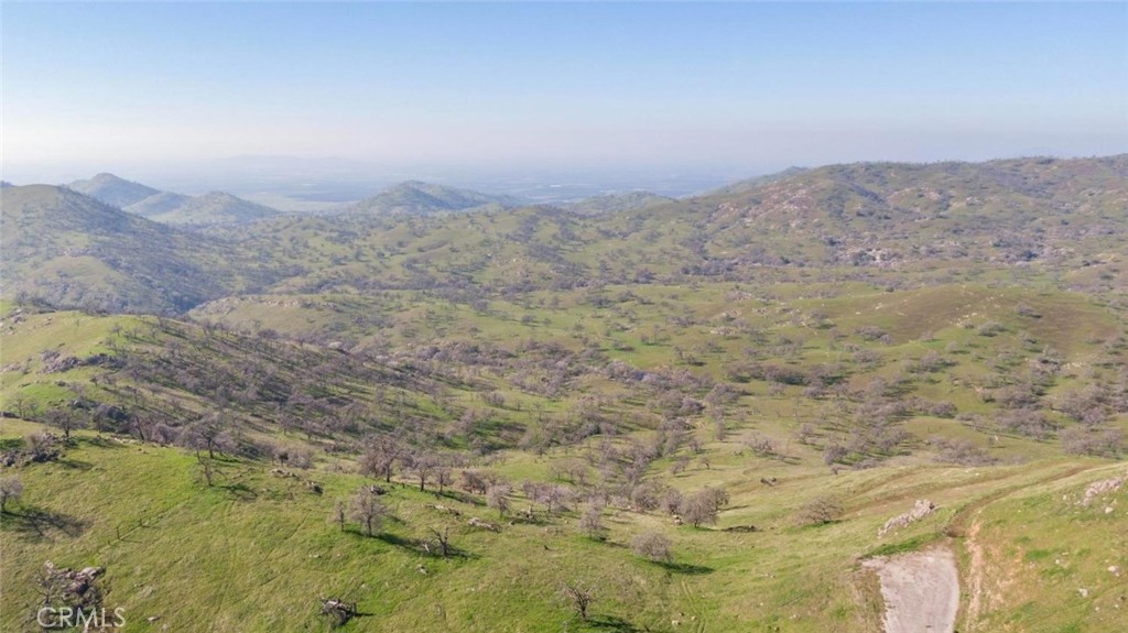 a view of a dry yard with mountains in the background