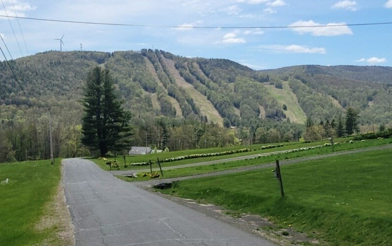 a view of grassy field with mountain