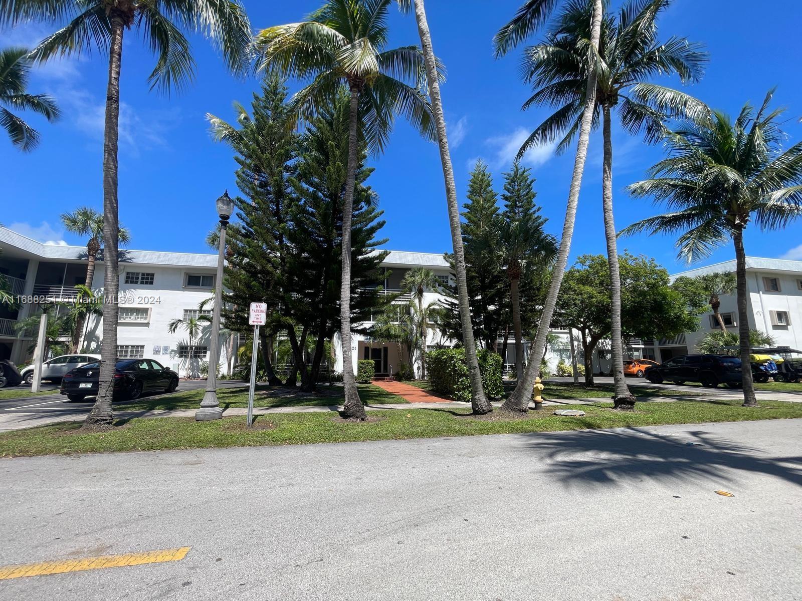 a view of a park with palm trees